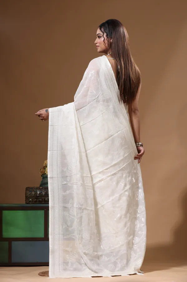 WHITE_VISCOSE_ORGANZA_with__EMBROIDEERY_Saree_with_Blouse_Piece