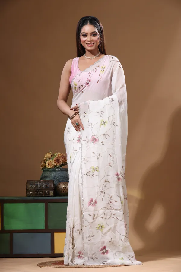 WHITE_VISCOSE_ORGANZA_with__EMBROIDEERY_Saree_with_Blouse_Piece