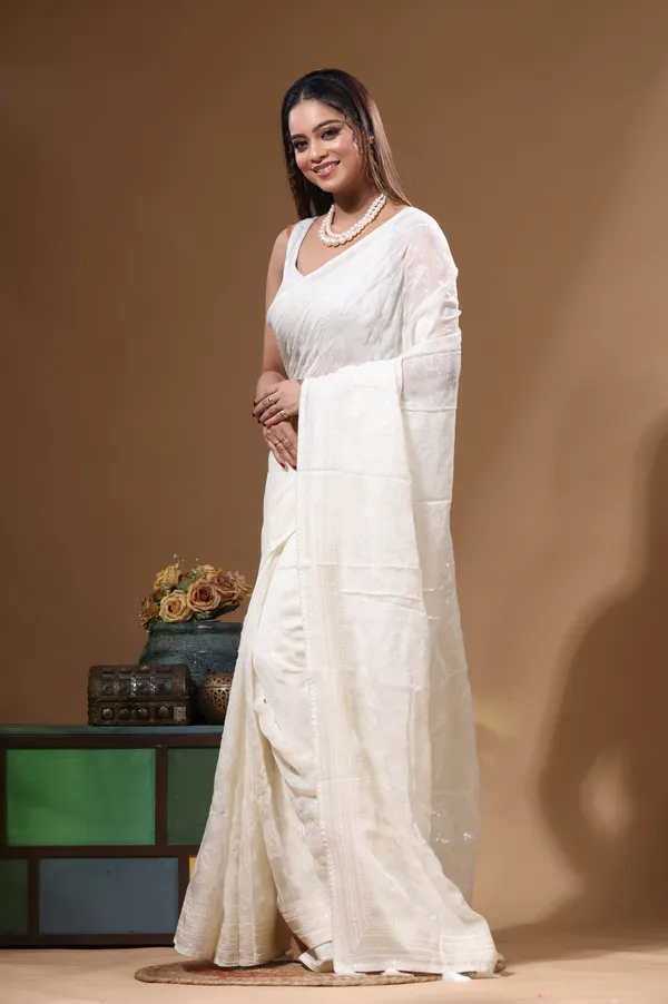 WHITE_VISCOSE_ORGANZA_with__EMBROIDEERY_Saree_with_Blouse_Piece
