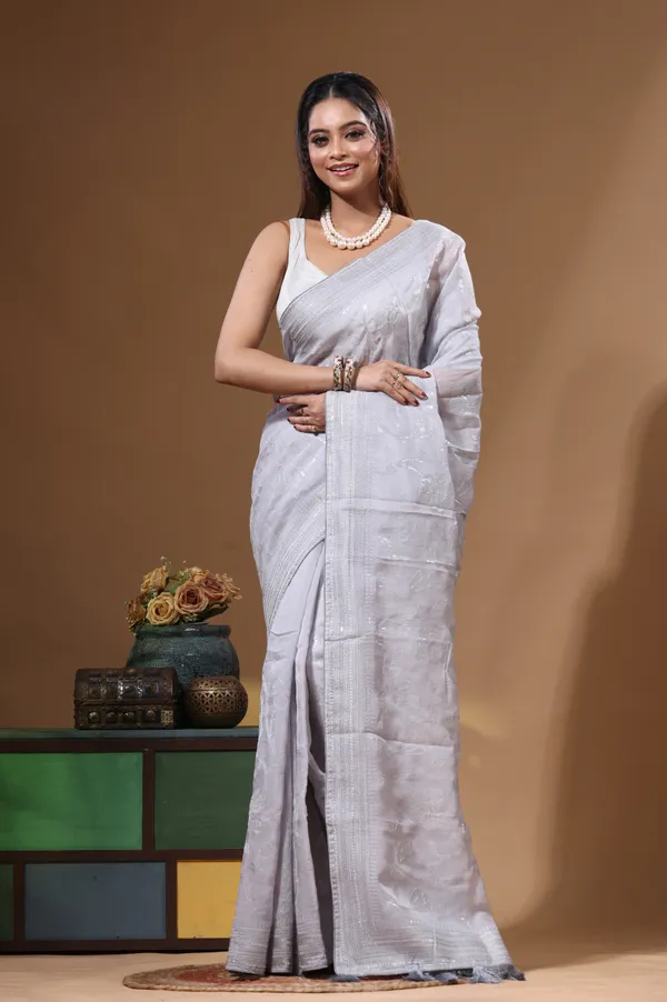GREY_VISCOSE_ORGANZA_with__EMBROIDEERY_Saree_with_Blouse_Piece