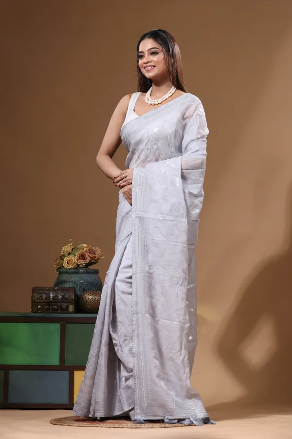 GREY_VISCOSE_ORGANZA_with__EMBROIDEERY_Saree_with_Blouse_Piece