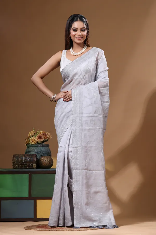 GREY_VISCOSE_ORGANZA_with__EMBROIDEERY_Saree_with_Blouse_Piece