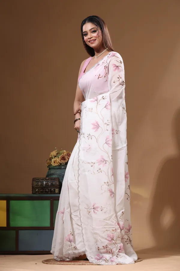 OFF-WHITE_VISCOSE_ORGANZA_with_HAND_WORK_Saree_with_Blouse_Piece