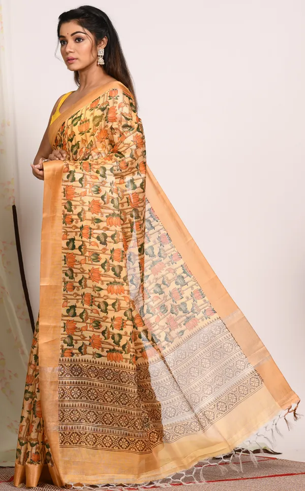 Peach-Coloured_&_Green_Floral_Printed_Zari_Tissue_Saree