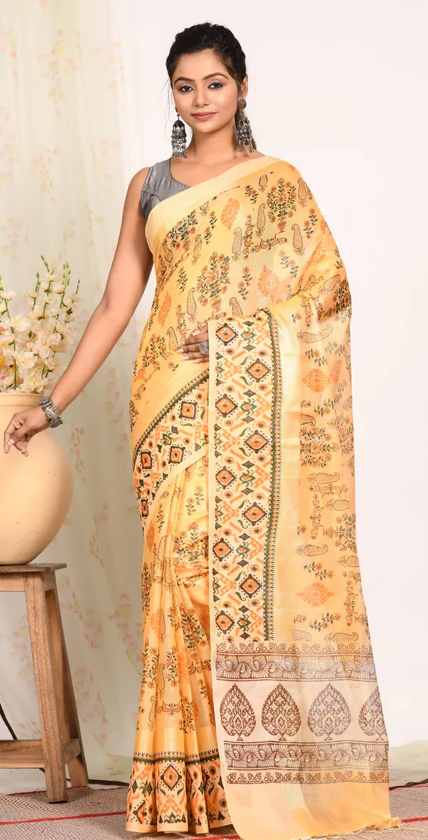 Yellow_&_Green_Ethnic_Motifs_Printed_Tissue_Block_Print_Saree