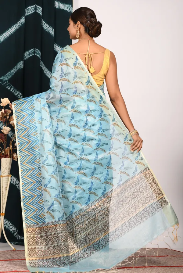 Blue_&_Gold-Toned_Floral_Zari_Tissue_Block_Print_Saree
