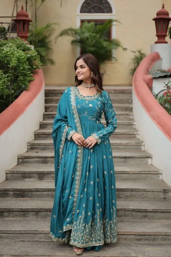 Teal_Embroidered_Anarkali_Suit_Set_For_Women