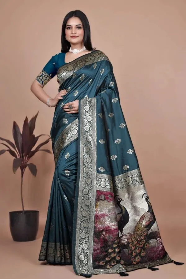 Teal_Silk_Peacock_Print_Saree_for_Women