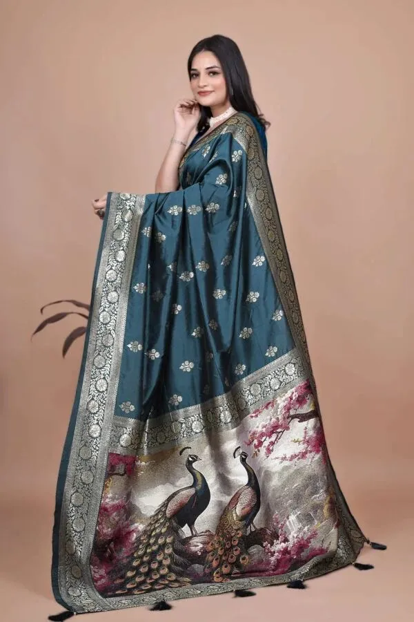 Teal_Silk_Peacock_Print_Saree_for_Women