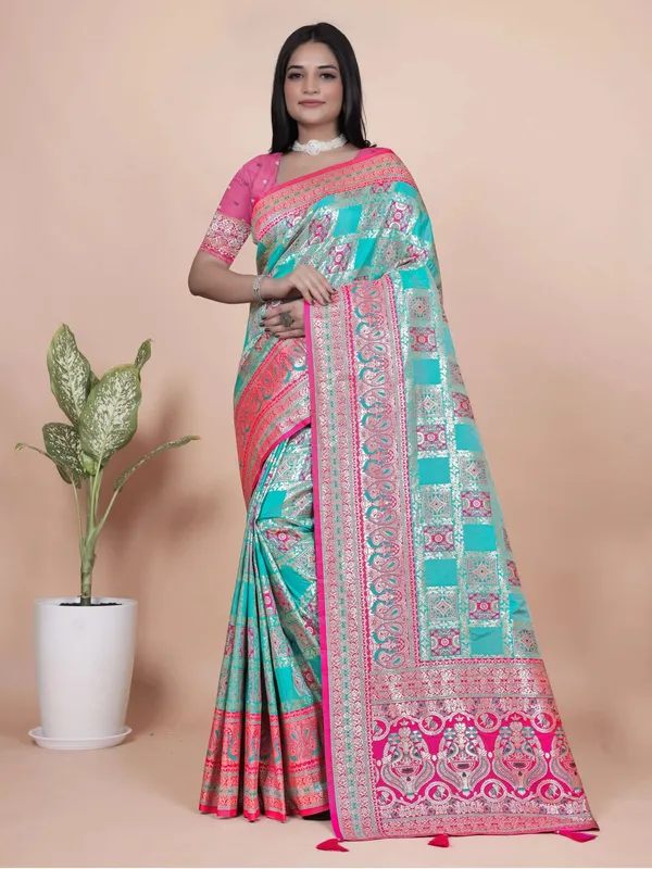 Pink_Turquoise_Printed_Saree_for_Women