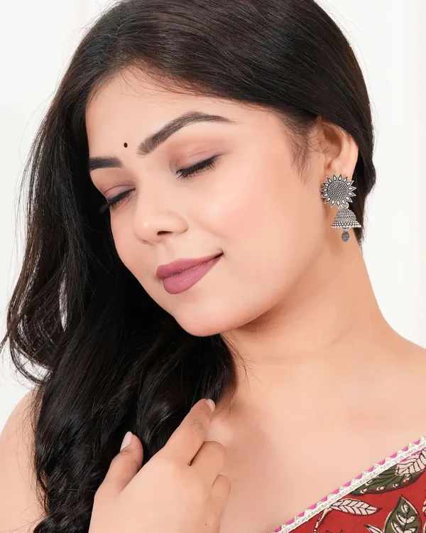 Oxidised_Silver_Sunflower_Jhumka_Earrings_For_Women