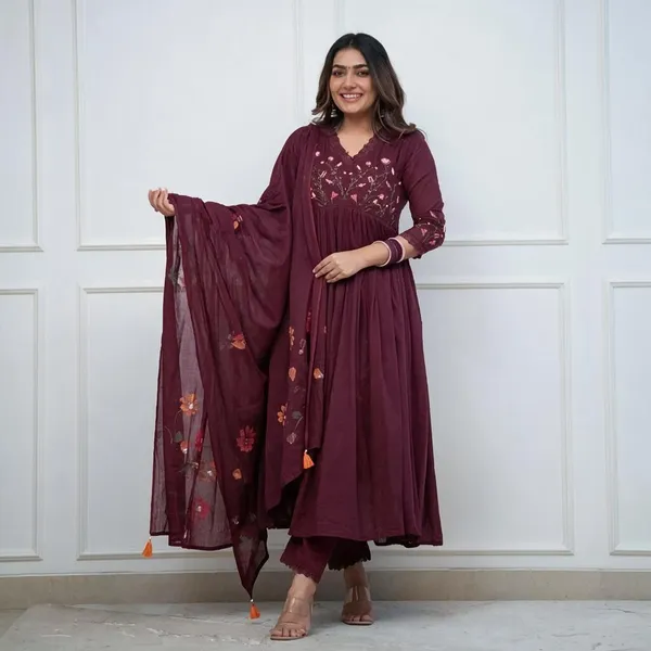 Maroon_Floral_Print_Anarkali_Suit_Set_For_Women