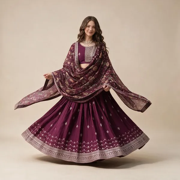 Burgundy_Embroidered_Flared_Lehenga_Set_For_Women