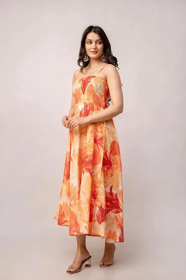 Peach_Floral_Printed_Flared_Midi_Dress_For_Women