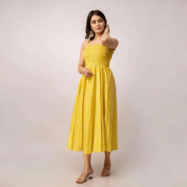 Yellow_Printed_Smocked_Midi_Dress_For_Women
