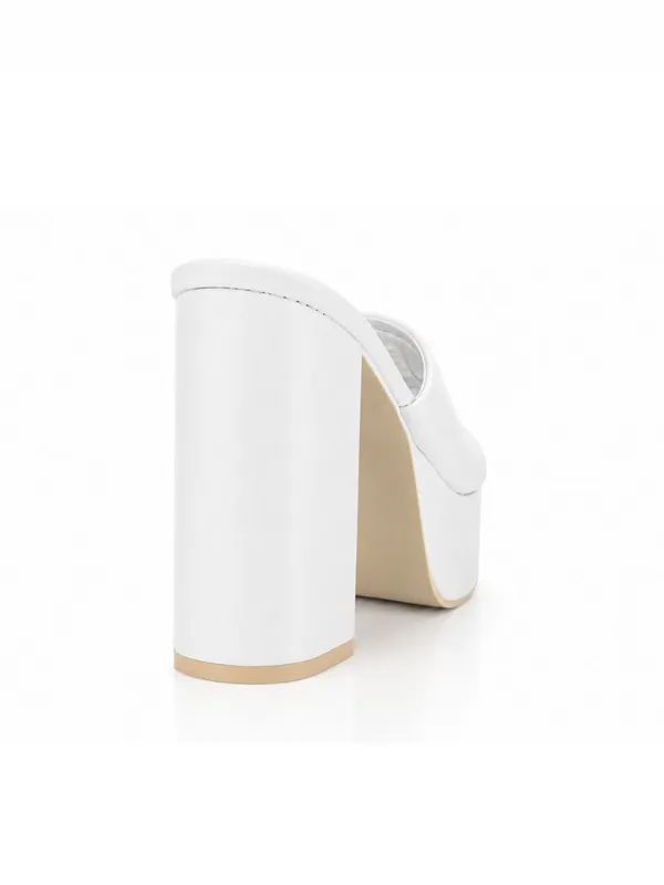 White_Faux_Leather_Chunky_Platform_Block_Heel_Mule_For_Women
