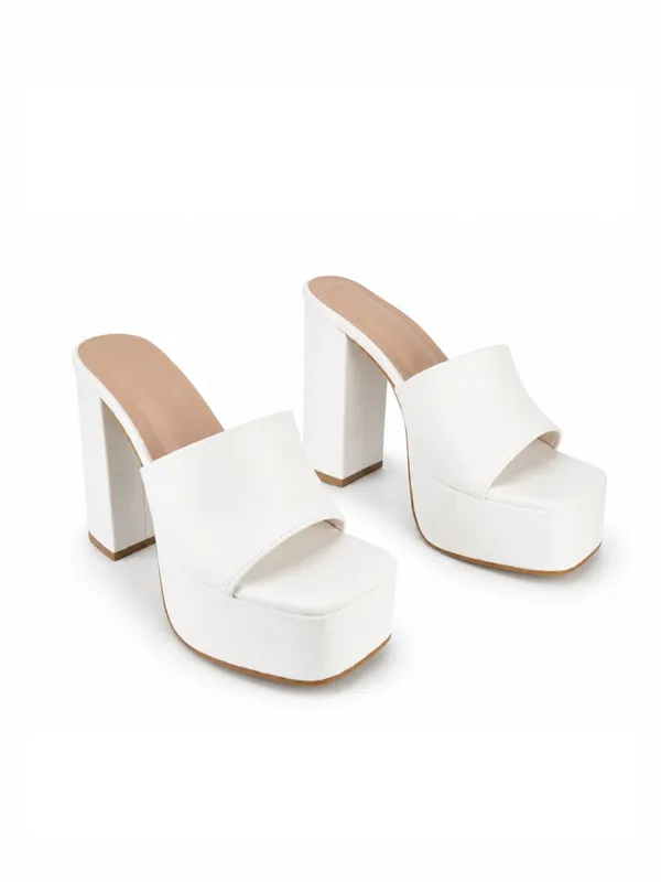 White_Faux_Leather_Chunky_Platform_Block_Heel_Mule_For_Women