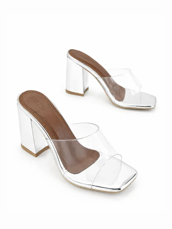 Silver_Pvc_Square_Toe_Block_Heel_Mule_For_Women