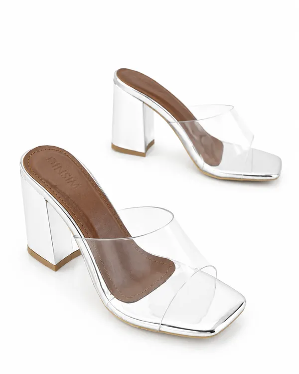 Silver_Pvc_Square_Toe_Block_Heel_Mule_For_Women