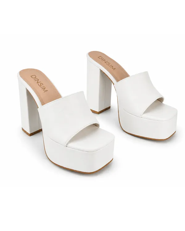 White_Faux_Leather_Chunky_Platform_Block_Heel_Mule_For_Women