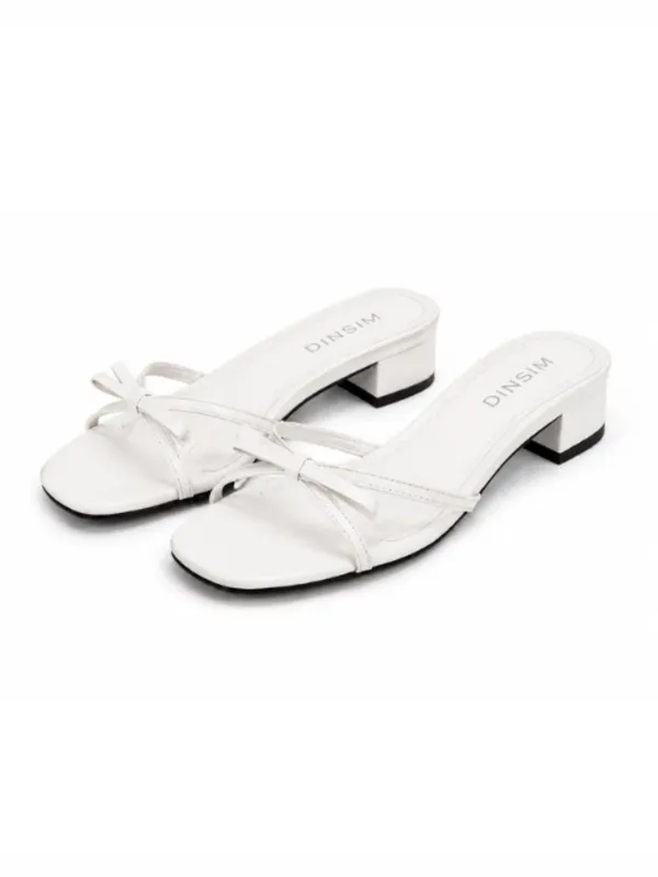White_Faux_Leather_Bow_Detail_Block_Heel_Mule_For_Women