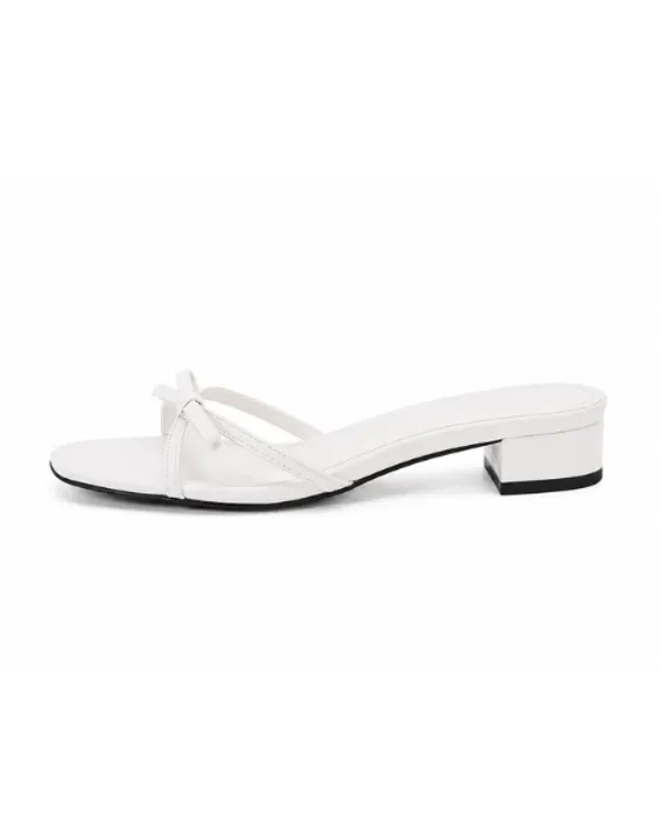 White_Faux_Leather_Bow_Detail_Block_Heel_Mule_For_Women