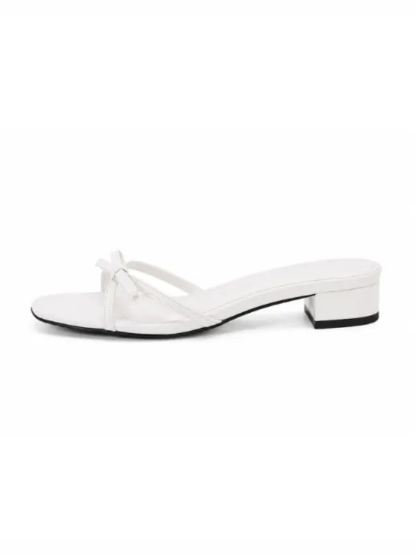 White_Faux_Leather_Bow_Detail_Block_Heel_Mule_For_Women