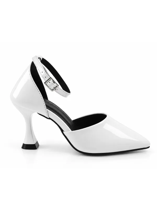 White_Faux_Leather_Low_Stiletto_Ankle_Strap_Pointed_Toe_Pump_For_Women