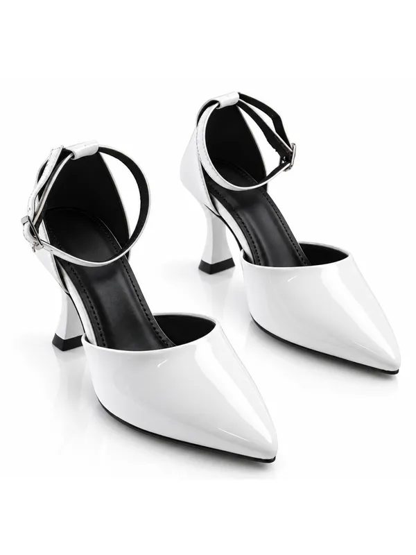 White_Faux_Leather_Low_Stiletto_Ankle_Strap_Pointed_Toe_Pump_For_Women