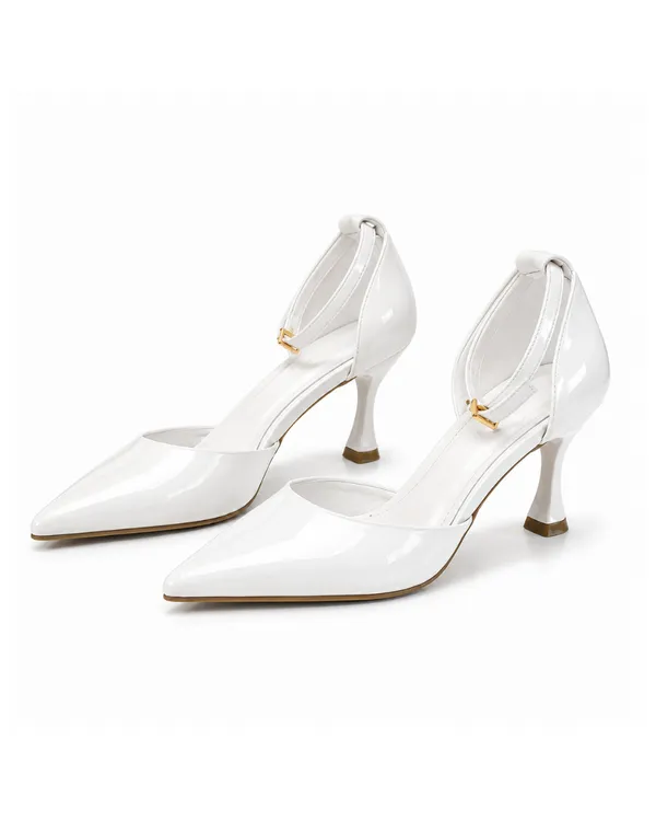 White_Faux_Leather_Low_Stiletto_Ankle_Strap_Pointed_Toe_Pump_For_Women