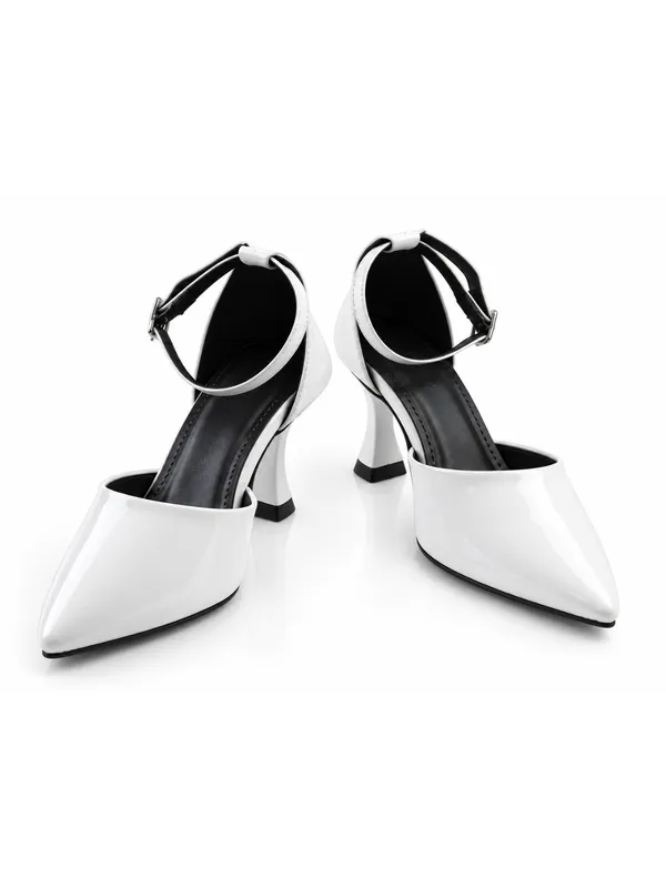White_Faux_Leather_Low_Stiletto_Ankle_Strap_Pointed_Toe_Pump_For_Women