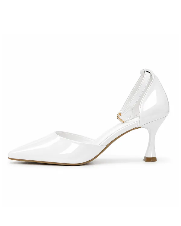 White_Faux_Leather_Low_Stiletto_Ankle_Strap_Pointed_Toe_Pump_For_Women