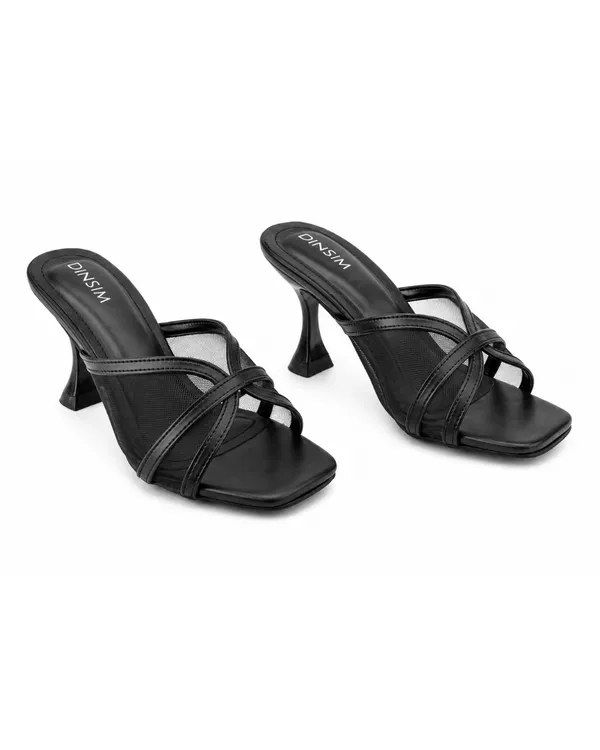 Black_Mesh_Faux_Leather_Criss-Cross_Flared_Block_Heel_Mule_For_Women
