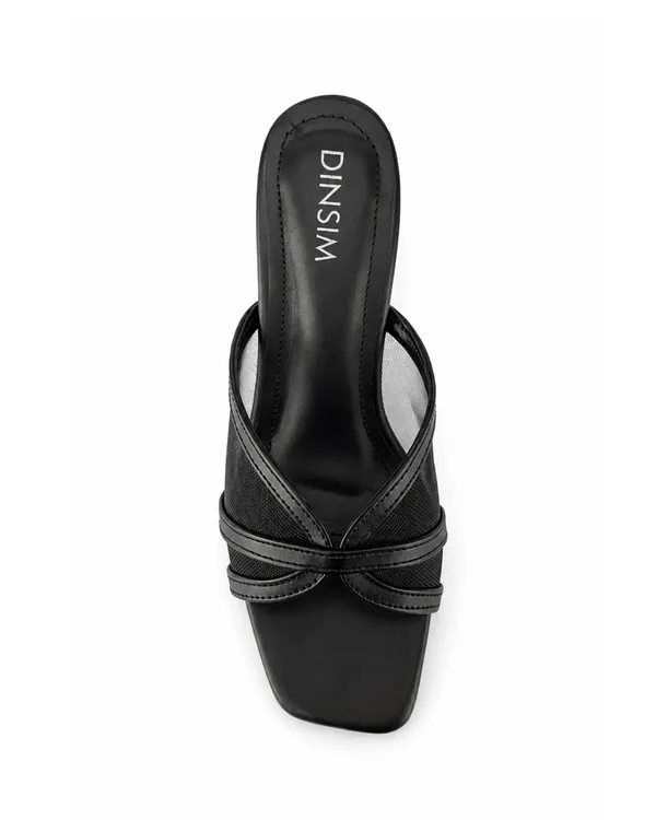 Black_Mesh_Faux_Leather_Criss-Cross_Flared_Block_Heel_Mule_For_Women