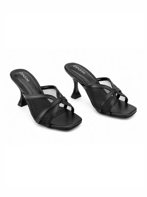 Black_Mesh_Faux_Leather_Criss-Cross_Flared_Block_Heel_Mule_For_Women