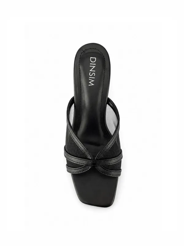 Black_Mesh_Faux_Leather_Criss-Cross_Flared_Block_Heel_Mule_For_Women