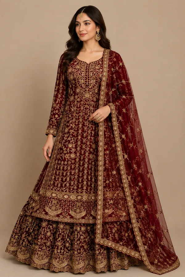 Maroon_Jimmy_Chu_Fabric__Bead_Zari_Work_Top_Skirt_Dupatta_Set_For_Women