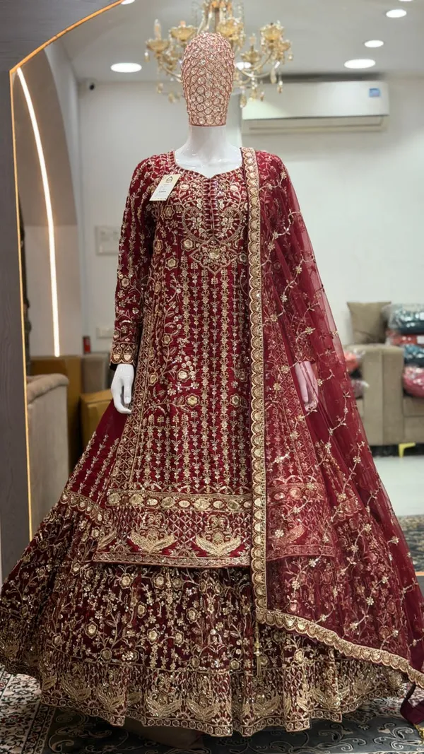Maroon_Jimmy_Chu_Fabric__Bead_Zari_Work_Top_Skirt_Dupatta_Set_For_Women