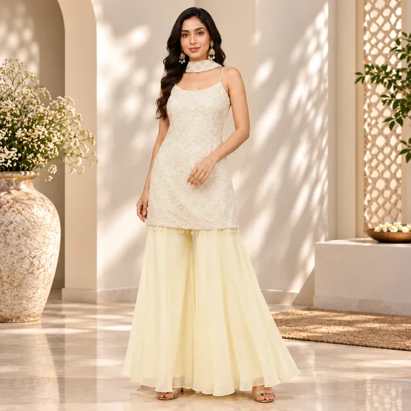 Cream_Sequence_Work_Plazo_Set__For_Women