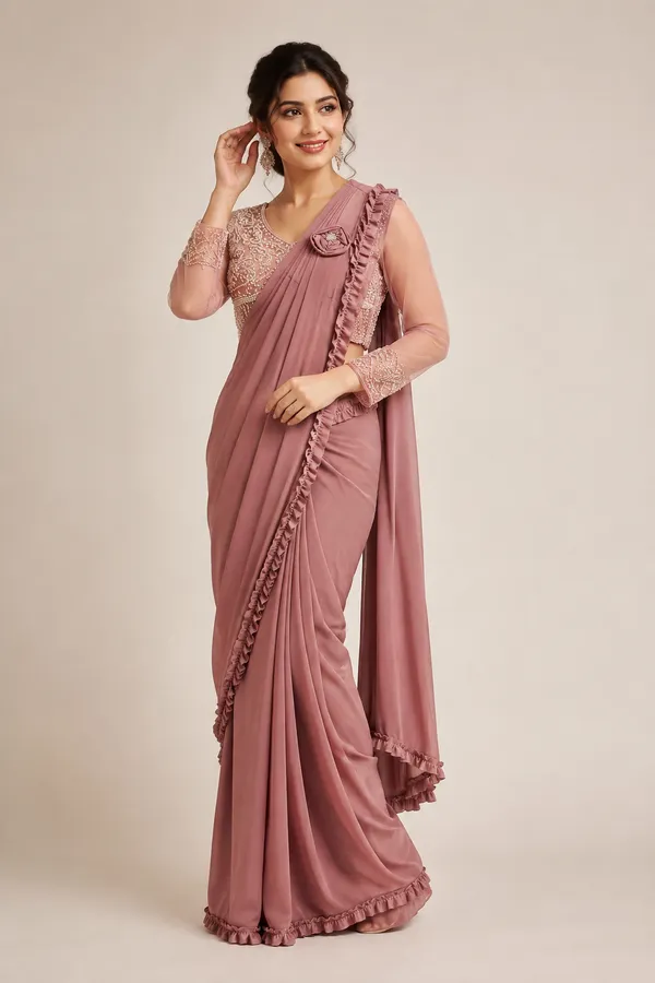 Rose_Pink_Lycra_Saree_Blouse_And_Dupatta_For_women