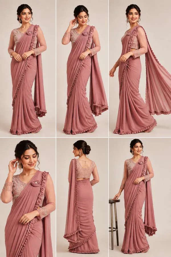 Rose_Pink_Lycra_Saree_Blouse_And_Dupatta_For_women
