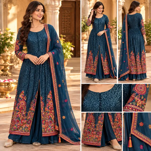 Blue_Sequence_Indo-Western_Plazo_Set_For_Women