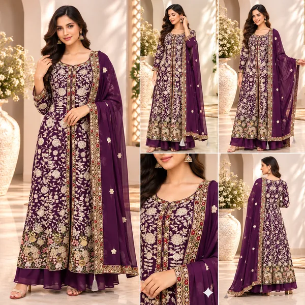 Wine_Embroded_Indo-Western_Georgette_Plazo_Set_For_Women