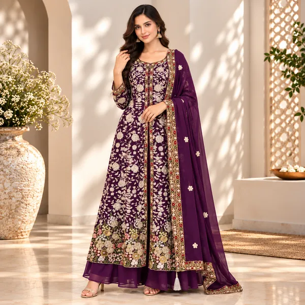Wine_Embroded_Indo-Western_Georgette_Plazo_Set_For_Women