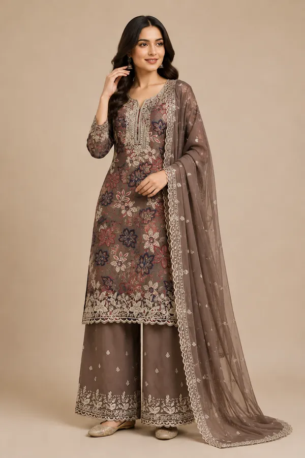 Brown_Cotton_Unstitched_Kurta_Set_For_women