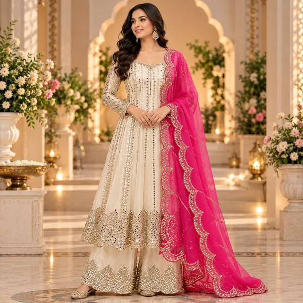 White_Georgette_Mirror_Work_Anrakali_Plazo__Set_For_Women