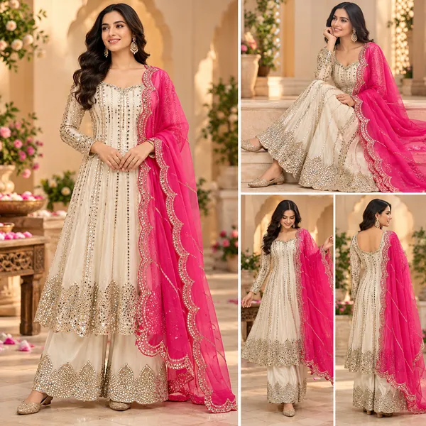 White_Georgette_Mirror_Work_Anrakali_Plazo__Set_For_Women