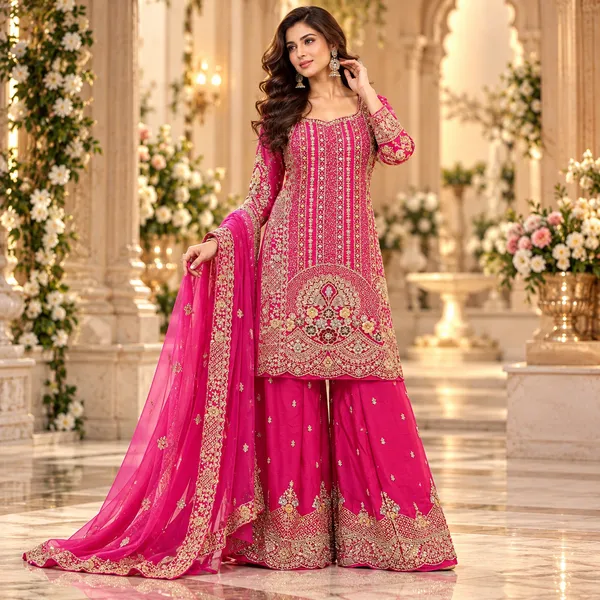 Rani_With_Multicolor_Zari_And_Stoen_Work_Vichitra_Plazo__Set_For_Women