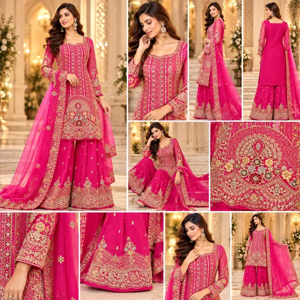 Rani_With_Multicolor_Zari_And_Stoen_Work_Vichitra_Plazo__Set_For_Women