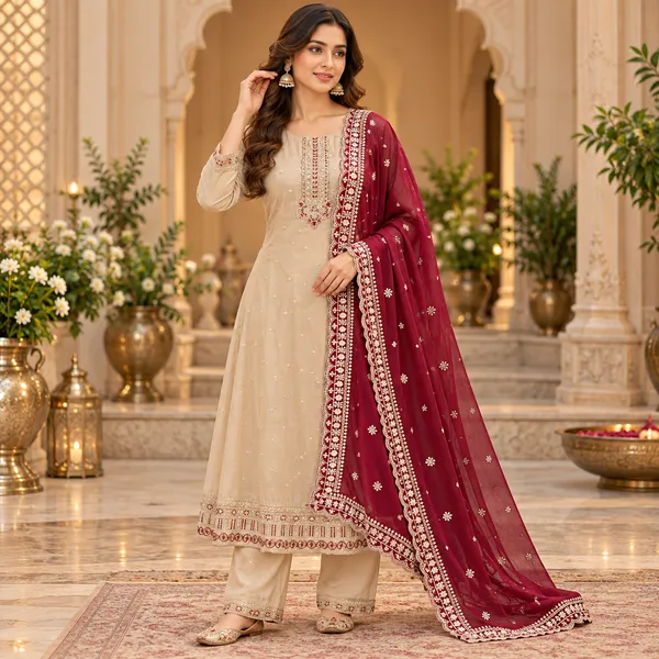 Beige_With_Marron_Anarkali__Set_For_Women